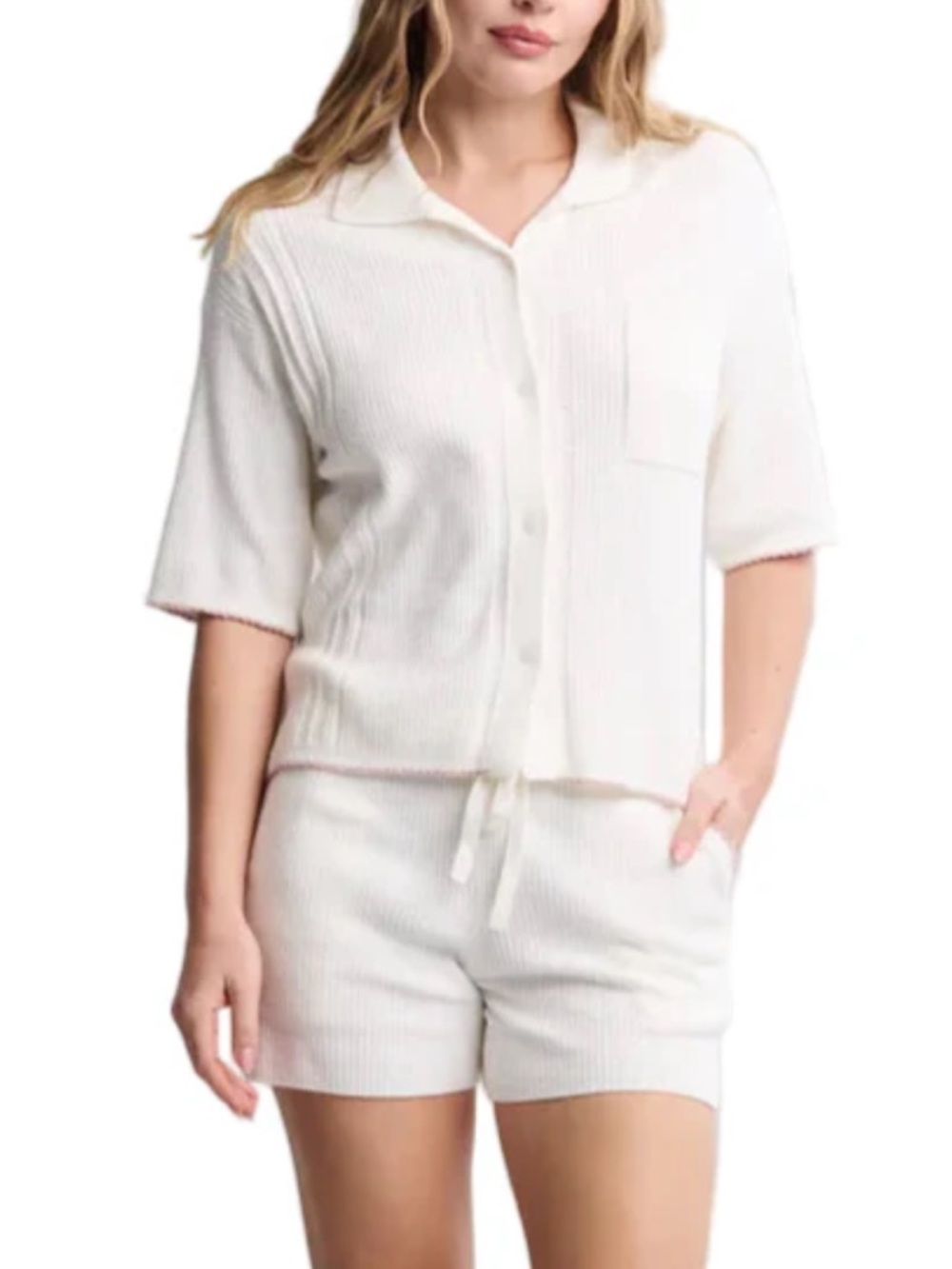 Barefoot Dreams Ultra Lite Scallop Short Sleeve Shirt and Short Set Pearl NWT